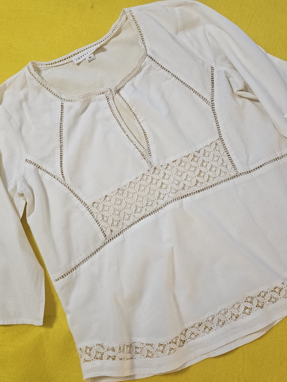 lovestitch Cream Cotton Lace-Trim Boho Blouse